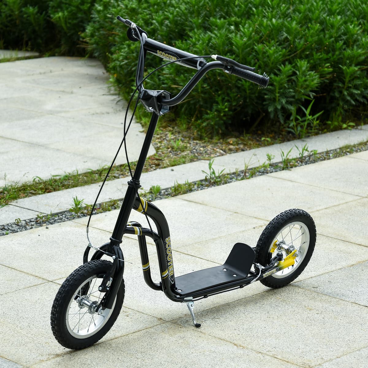Homcom Monopattino per Bambini Oltre 5 Anni Grandi Ruote Manubrio Regolabile 2 Freni Controllati dalla Maniglia Cavalletto Laterale 120 x 58 x 85-95 cm Nero