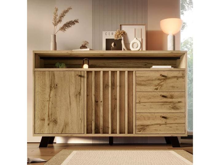 Buffet 120x40x85 cm EVRYAE - 3 tiroirs 2 portes et niche ouverte tablette réglable et pieds stables - Chêne foncé
