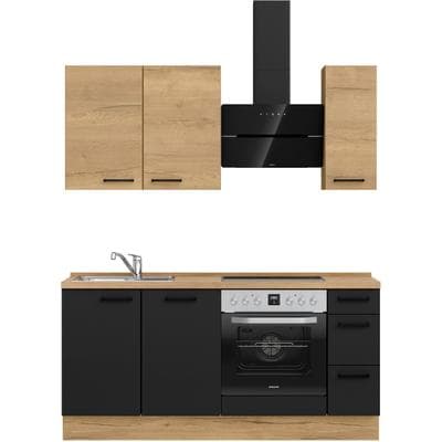 Küchenzeile NOBILIA "MIAMI", NEU: individuell anpassbar mit gratis Profi-Beratung", schwarz (küche: schwarz, korpus: eiche sierra nachbildung, arbeitsplatte: eiche sierra nachbildung), B:180,3cm H:216,6cm T:60cm, Komplettküchen-Sets, Küchenzeile,...