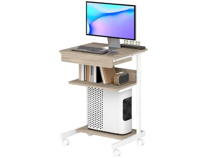 Bureau Mobile sur Roulettes avec Tiroir et Étagères Chêne - Table Informatique Compacte en Métal et Bois - 56x51x79 cm