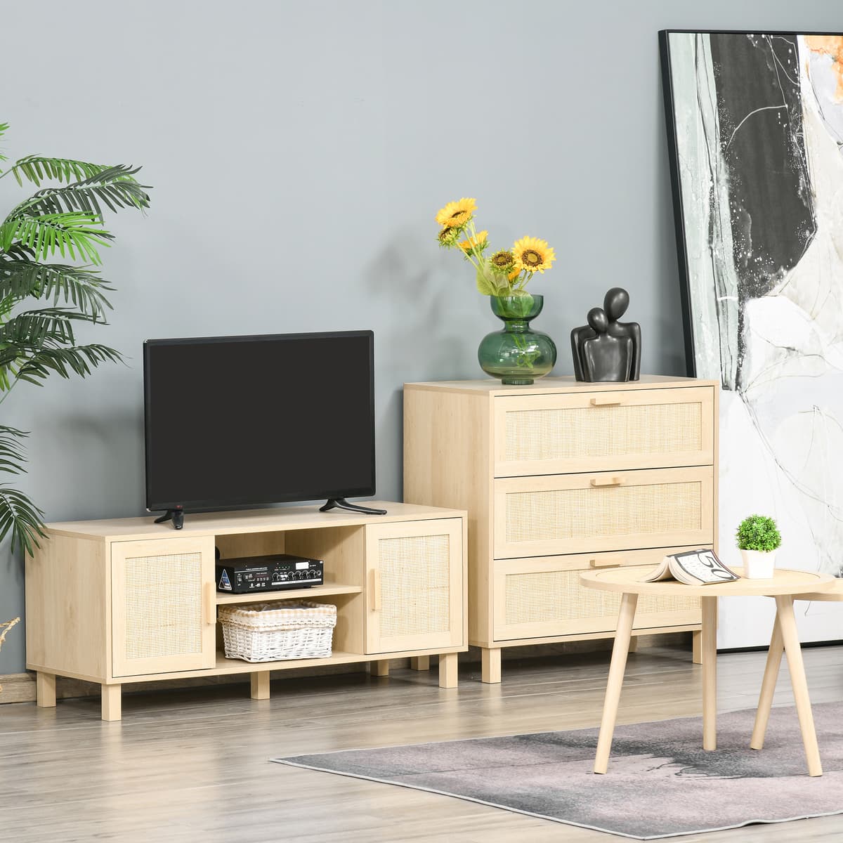 Homcom Mobile Porta TV con Vani Aperti e Ante in Rattan, Mobiletto per TV Fino 50'', 115x40x48cm, Colore Legno