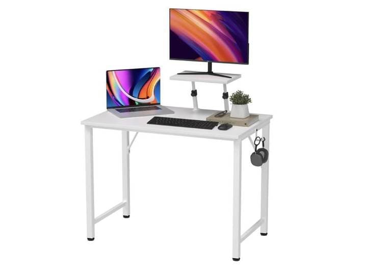 Bureau d'Ordinateur 80x40x75cm-91cm Table PC Gaming et d'Écriture avec Support d'Écran et Crochet Cadre en Métal Blanc