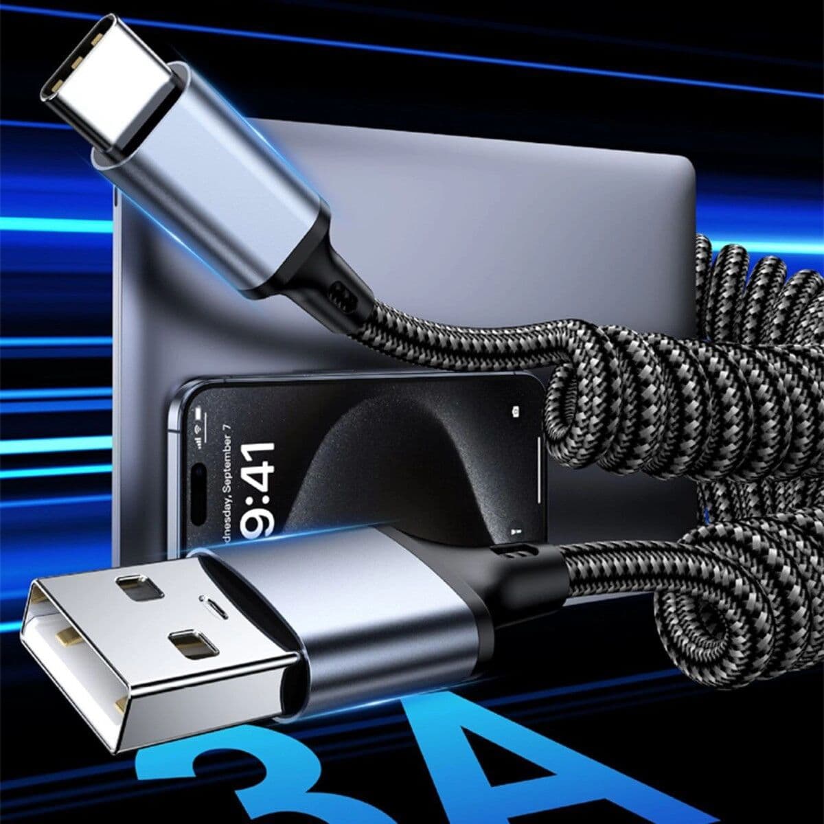 INF Câble de données rétractable à ressort - Nylon tressé USB-A vers USB-C, charge rapide QC/FCP/AFC, CarPlay compatible avec 1,5 m