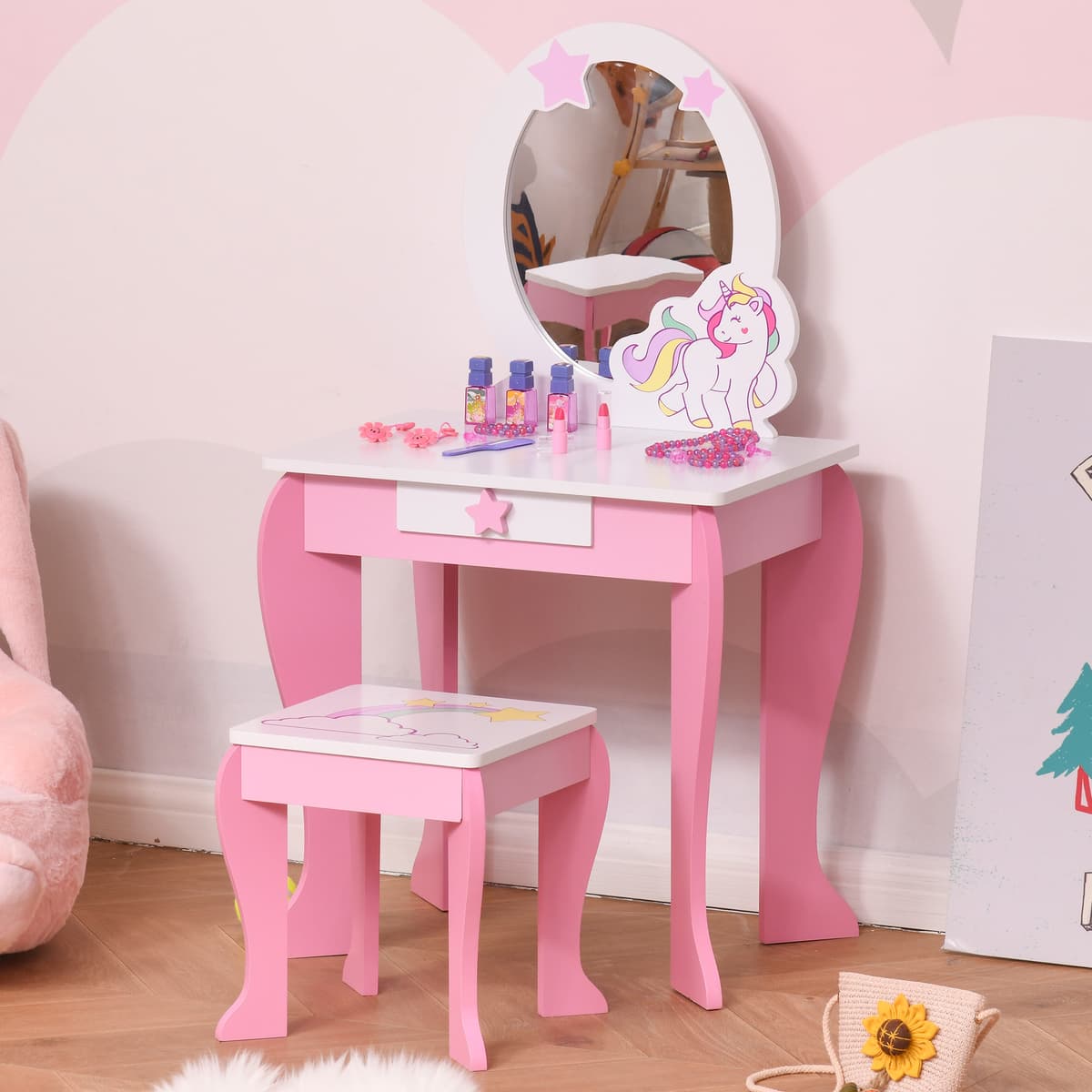 Homcom Specchiera Giocattolo Toeletta con Cassetto e Sgabello in Legno, Giochi per Bambine 3-8 Anni Rosa e Bianco Aosom