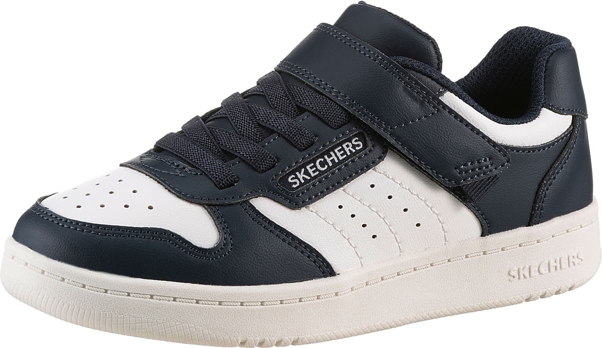 Sneaker SKECHERS "QUICK STREET", Jungen, Gr. 33, Textil, blau (navy, weiß), Lederimitat, kontrastfarbene Details, Schuhe Sneaker, Retro Sneaker mit Klettverschluss, Grössenschablone zum Download navy, weiß 33, Textil