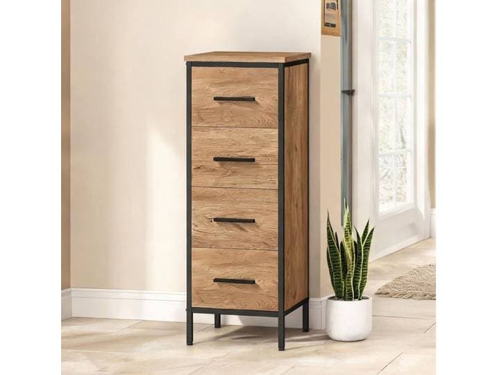 Rangement salle de bain aspect chêne: meuble compact 4 tiroirs sous plan structure acier noir 30 x 30 x 82 cm
