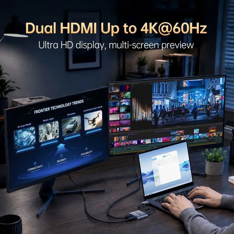 ULT－unite DisplayPort to Dual HDMI Adapter 4K60Hz, DP 1.2 to 2 HDMI Splitter Hub with Power Port, 120Hz Support Extended Display Converter