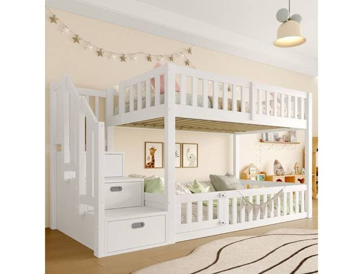 Modenuit Lit superposé bas 90 x 200 cm blanc avec escalier de rangement pin et MDF