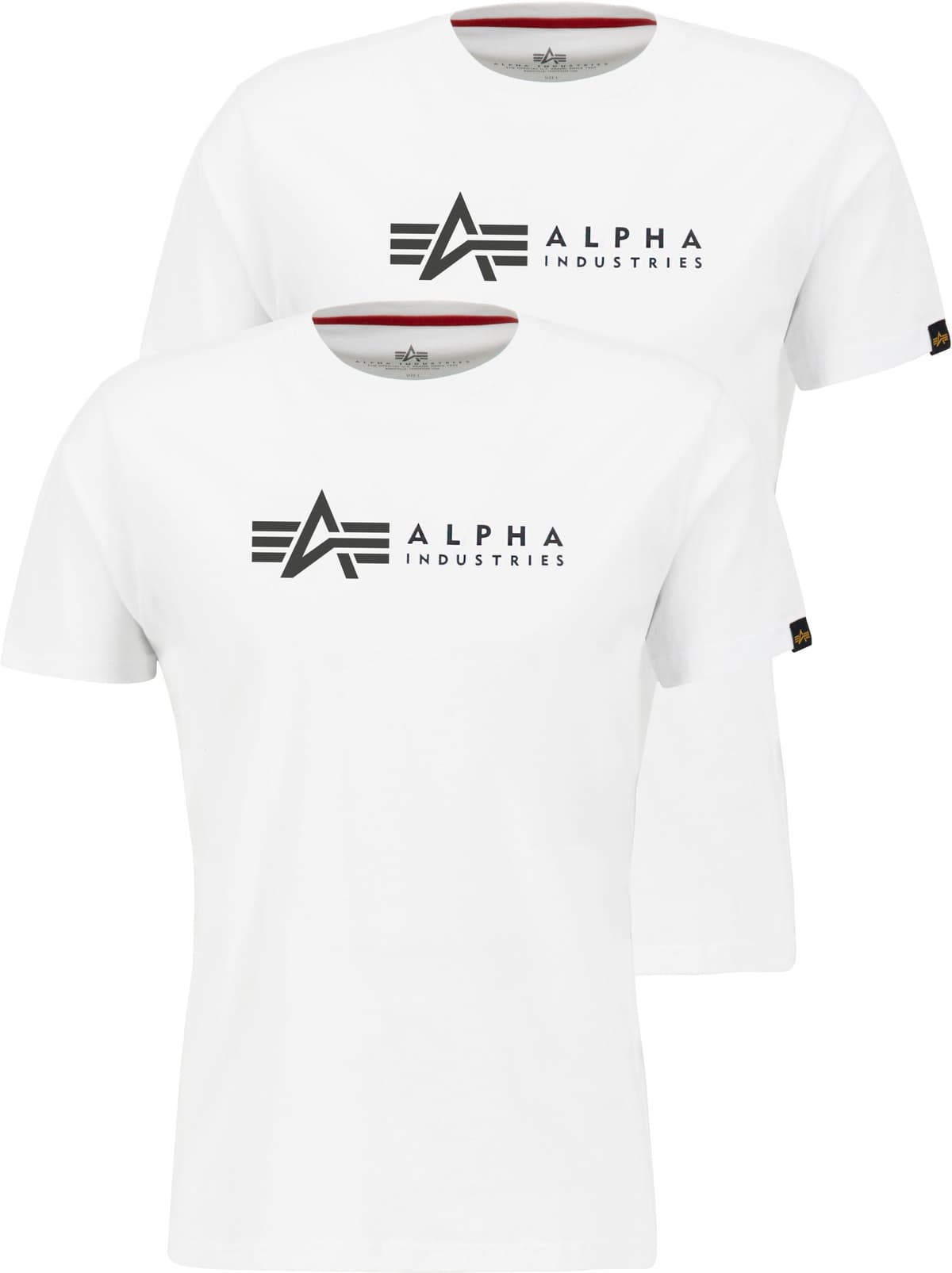 Rundhalsshirt ALPHA INDUSTRIES "Label T 2 Pack", Herren, Gr. S, weiss (2xweiß), Single Jersey, Obermaterial: 100% Baumwolle, unifarben mit Farbeinsatz, normal normal, Rundhals, gerader Abschluss, Shirts Rundhalsshirt 2xweiß S