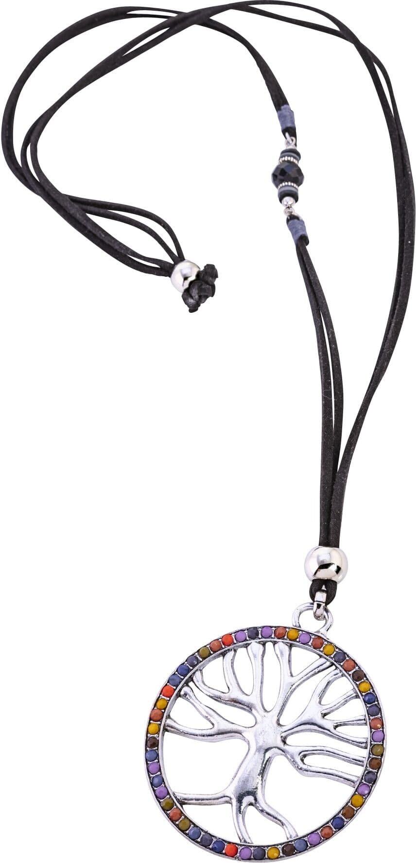 Lange Kette STEUER "Lebensbaum mit bunter Zierde an schwarzem Veloursband", weiß, Halsketten, Damen, 84cm, Metall, L: 84 B: 4mm, glänzend, B:4mm