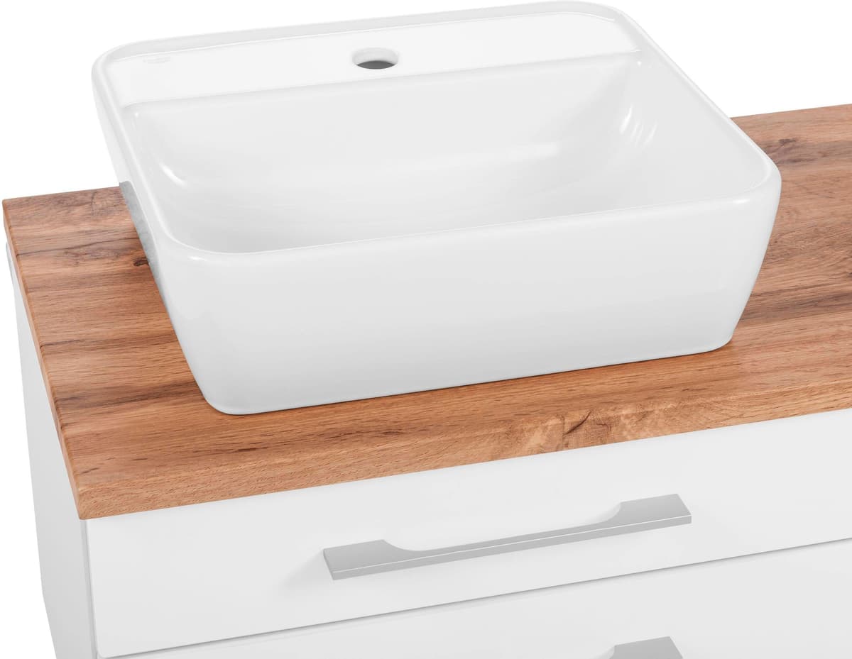 Badmöbel-Set WELLTIME "Davos", weiß, Becken links, Kastenmöbel-Sets, Badmöbel-Set, Spiegelschrank mit extra Regal