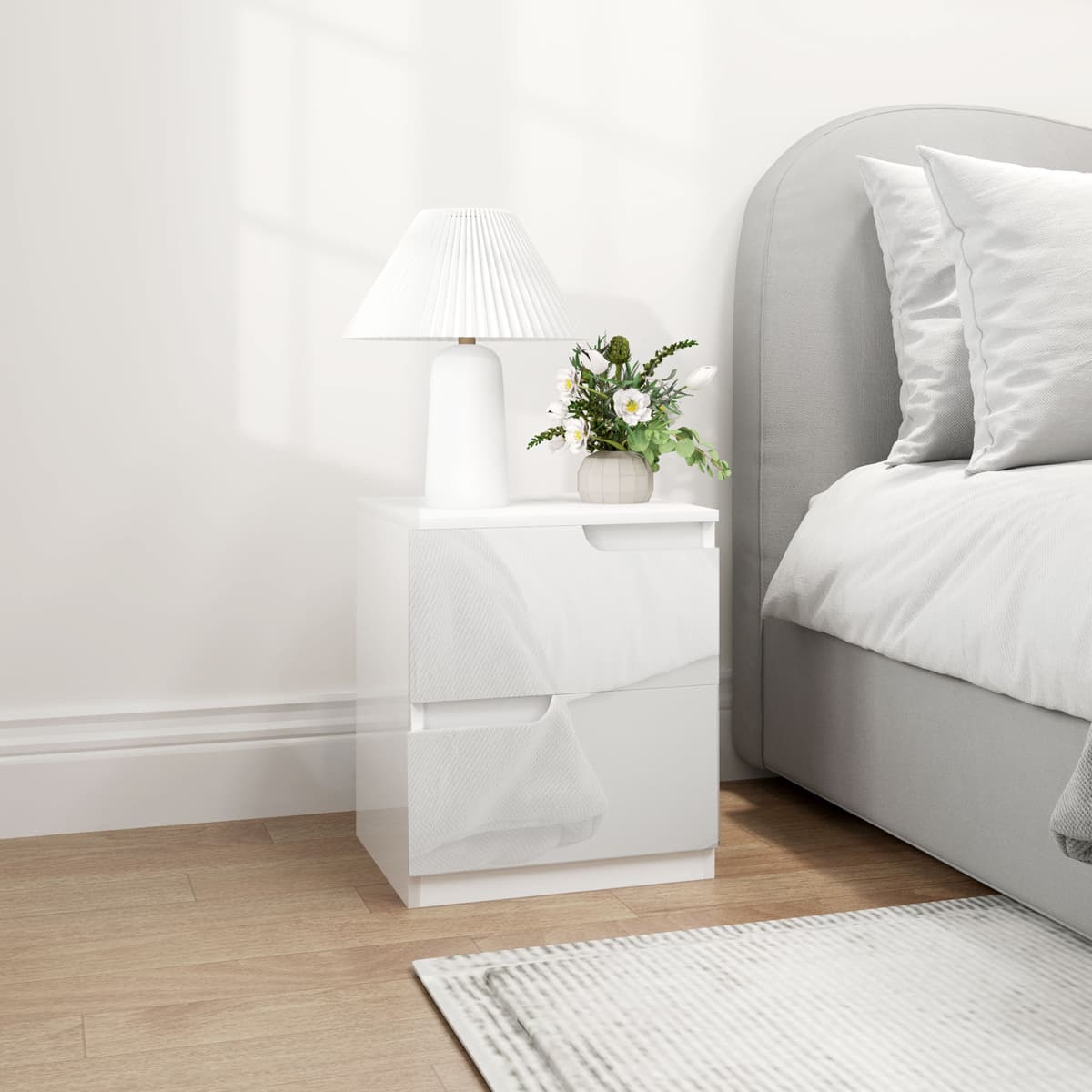 Altro Comodino Moderno In Legno Con 2 Cassetti E Design Lucido, 40x40x48 Cm, Bianco