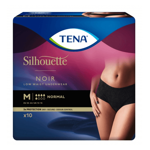Tena Silhouette Normal Noir - Taille basse Medium - 12 paquets de 10 protections