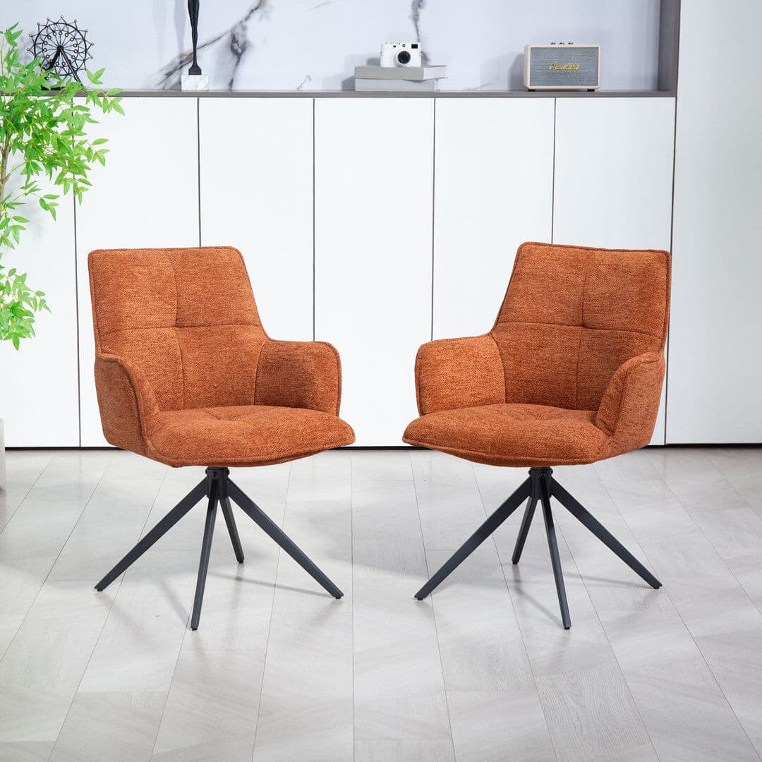 Corrigan Studio 360° Swivel Dining Chairs Set Of 2, Modern Upholstered Armchairs With Ergonomic Back Support, Sturdy Metal Legs For Kitchen & Dining Room Brown 87cm H X 61cm W X 53cm D