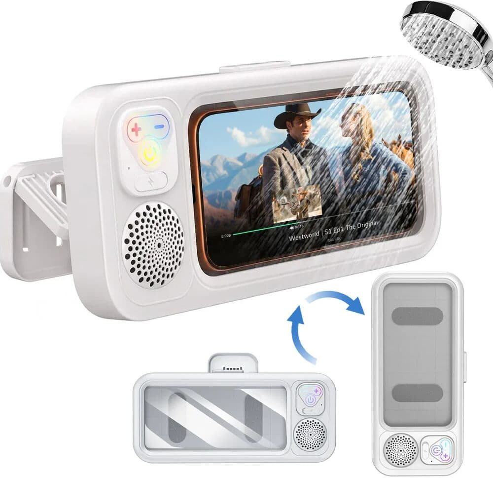 NONE Shower Phone Holder with Speaker,IPX6 Waterproof Clear Sound & 480° Rotation Shower Case Accessories for Waterproof Bathroom