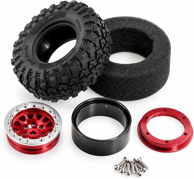 NONE YSUN-1.3 Inch RC Beadlock Wheel & Tire Set RC Crawler Upgrade Parts For MJX H18P 1/18 For Ford Bronco RC Off-Road Truck Red