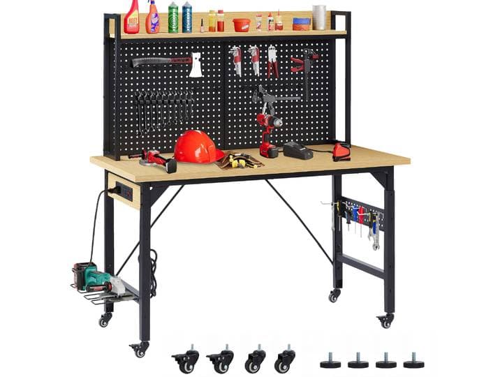 Établi, table de travail pour garage, poste de travail mobile, établi en bois réglable de 120 cm avec panneau perforé, capacité de charge de 700 kg, établi sur roulettes avec port USB et prise