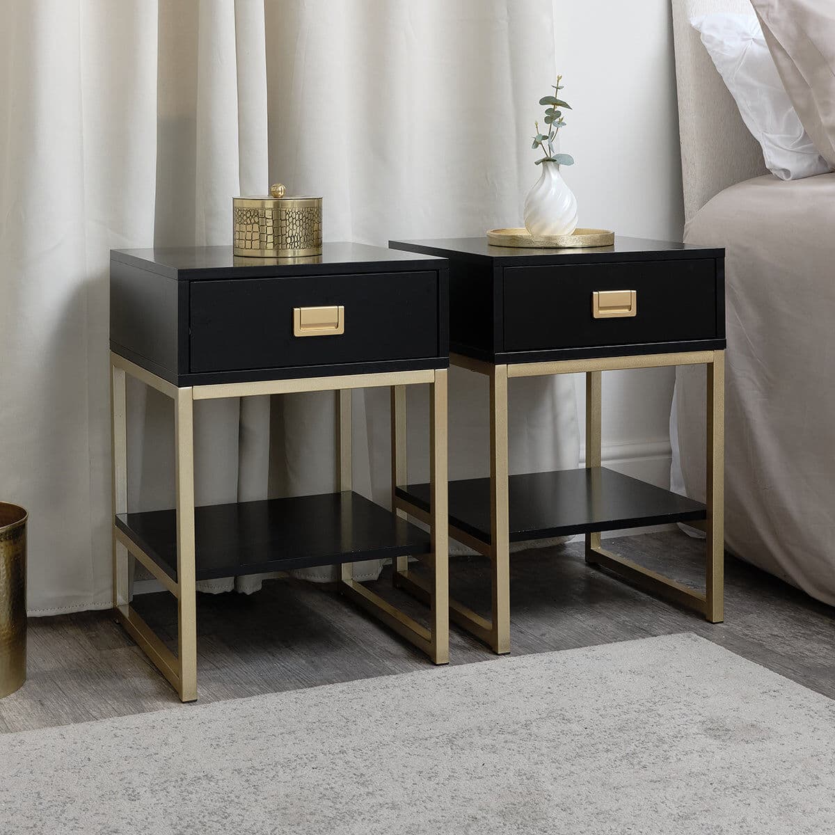 Pair of One Drawer Bedside Tables - Elle Black Range Coated MDF, Metal