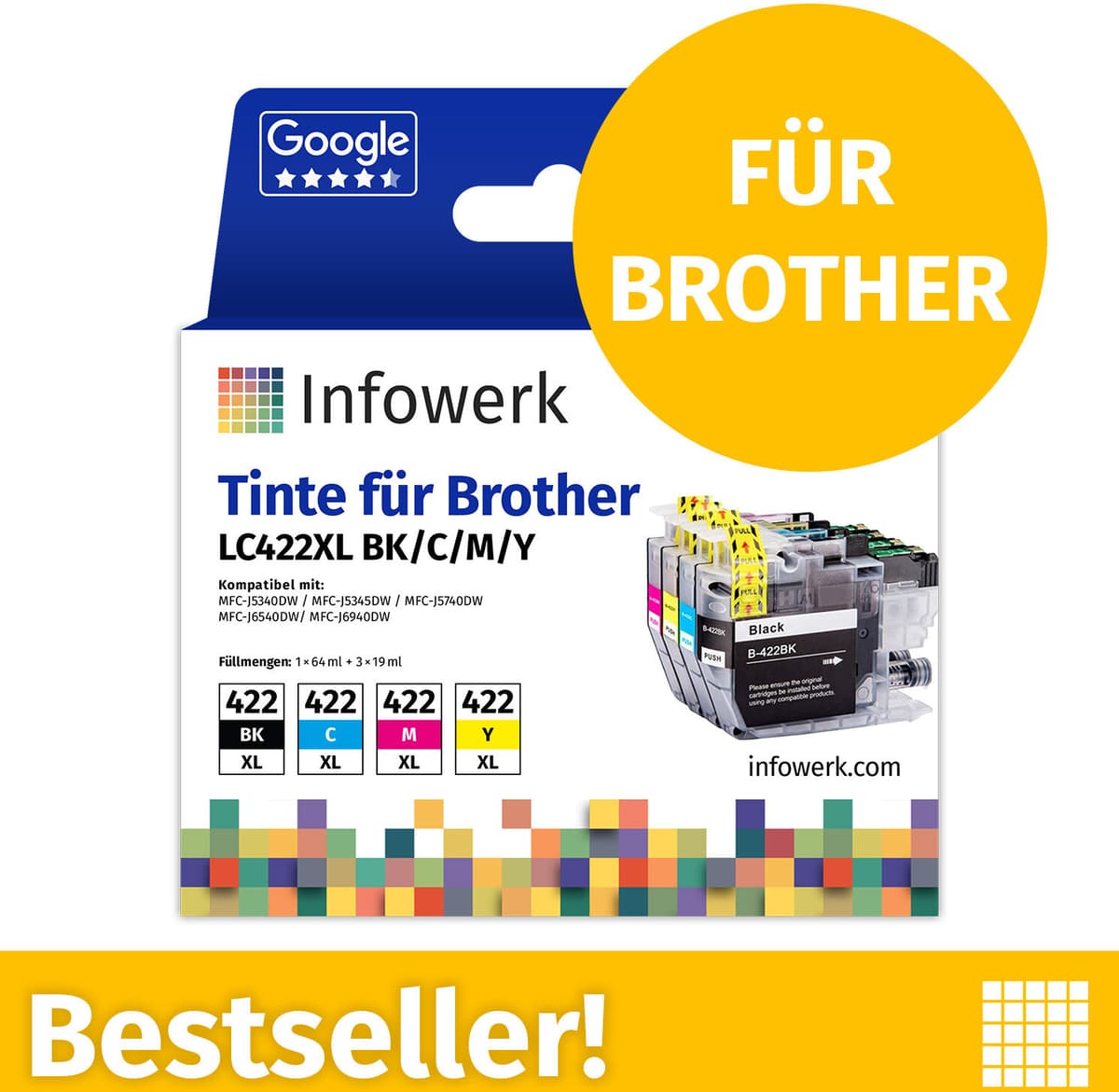 Infowerk Tintenpatronen für Brother LC422XL, Multipack (BK/C/M/Y), 1 Stück