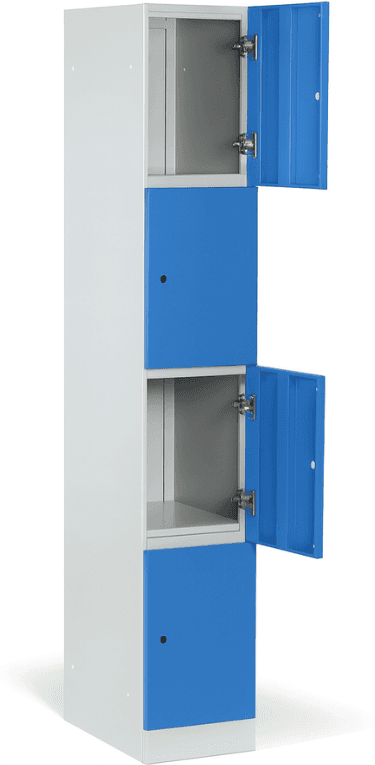 B2B Partner Šatníková skrinka S1 s úložnými boxmi, 4 boxy, 1850 x 300 x 500 mm, zámok s čítačkou RFID kariet, červené dvere