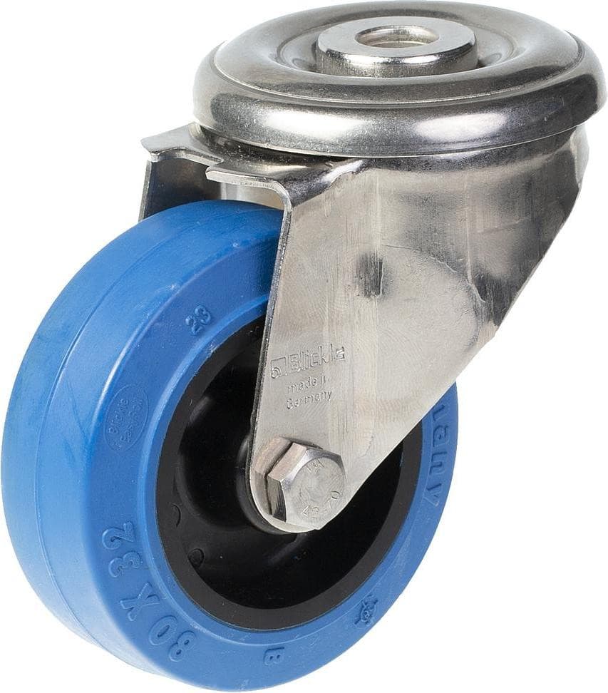Parnells Zwenkwiel 80mm met blauw elastisch rubber en nylon kern van roestvrij staal