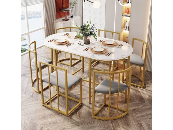 Ensemble de table à manger à six chaises : table blanche, chaises avec dossiers et rembourrage gris, cadre en fer doré), ensemble table à manger et chaises
