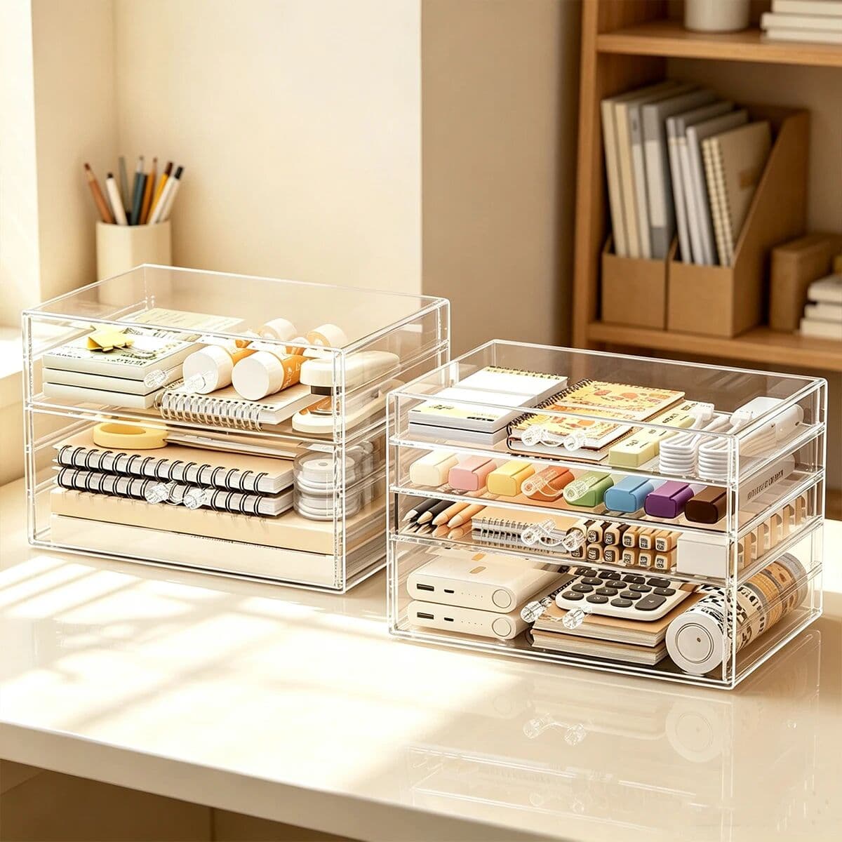 NONE 1pc Stackable 2/3/4 Layer Transparent Drawer Desktop Stationery Storage Box for Pen Pencil Paper Tape Office Storage Containers