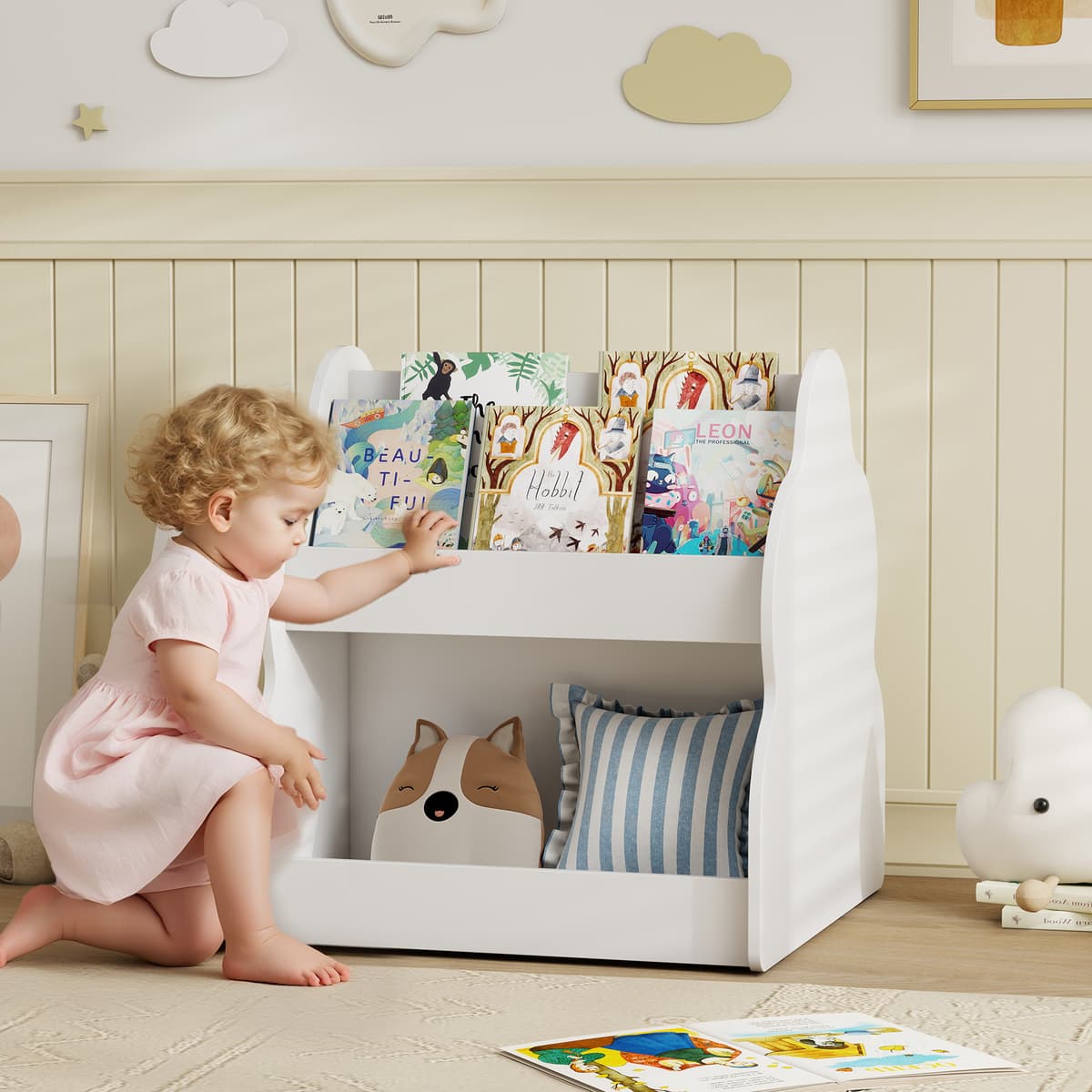Aiyaplay Scaffale per bambini, a 2 livelli con ruote, 4 ripiani, 54x50x56 cm, Bianco   Aosom Italy