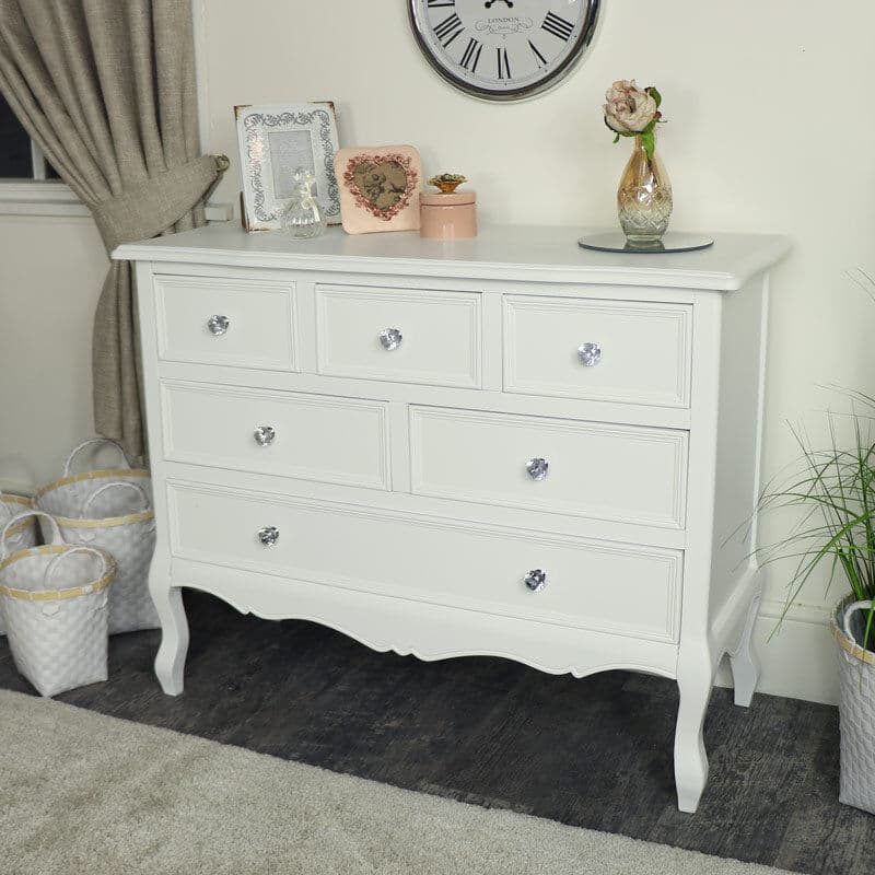 White Bedroom Furniture Large Chest of Drawers, Dressing Table Set & Pair of Bedside Tables - Victoria Range Wood, Glass, Fabric
