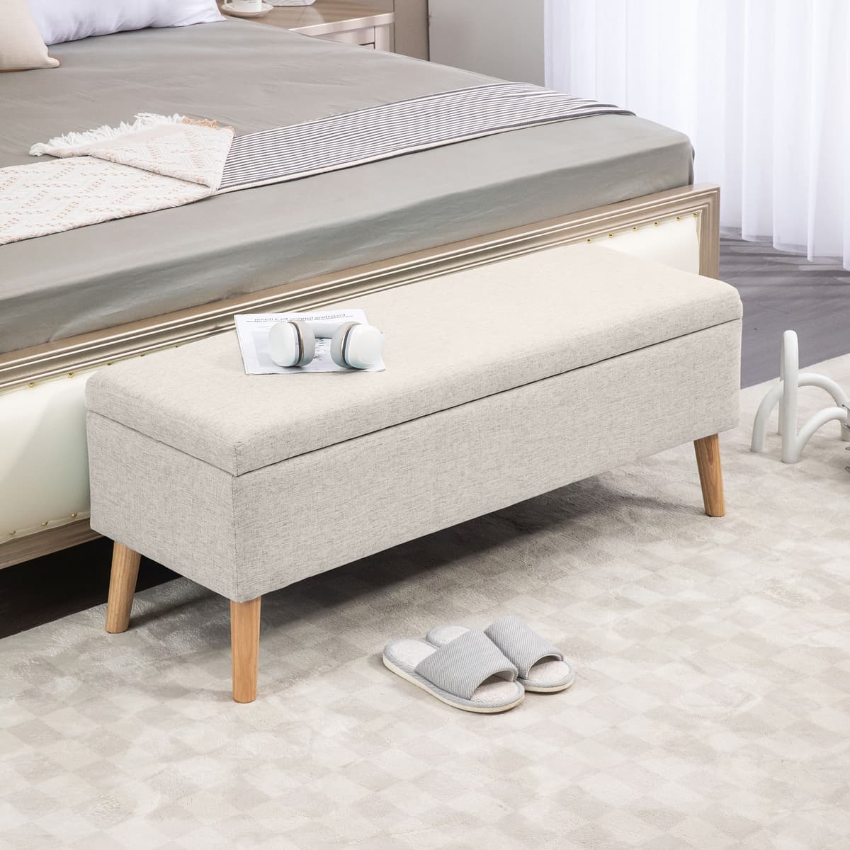 Homcom Cassapanca Contenitore 110x39x45 cm in Tessuto Effetto Lino, Gambe in Legno di Caucciù, Capacità 220 kg, Beige   Aosom Italy