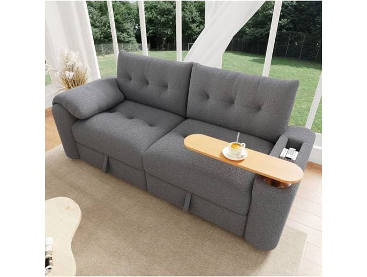 Canapé 2-3 places 207 5x80x87 cm avec rangement appuie-tête et tablette pivotante teddy gris