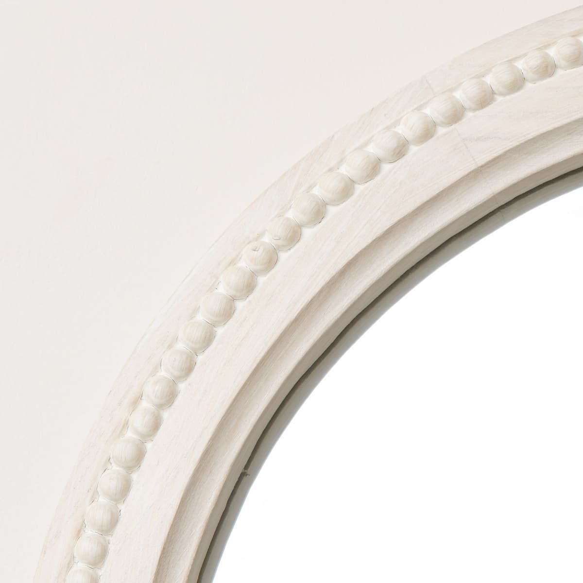 Round Distressed White Washed Wooden Bobbin Detailed Wall Mirror - 50cm x 50cm Glass, Metal, Wood