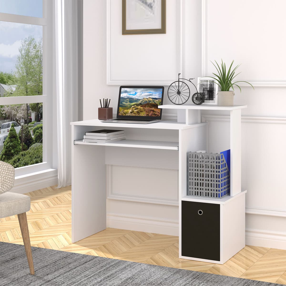 Altro Scrivania Moderna Con Mensola Per Tastiera E Cassetto In Tessuto, 100x40x86.6cm, Bianco E Nero