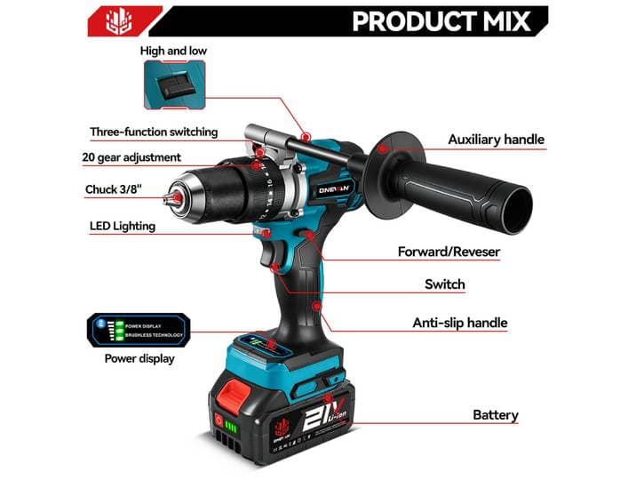 Perceuse électrique sans fil ONEVAN, perceuse à percussion portable pour bois et acier, tournevis électrique, outil électrique compatible avec la batterie Makita 18V.