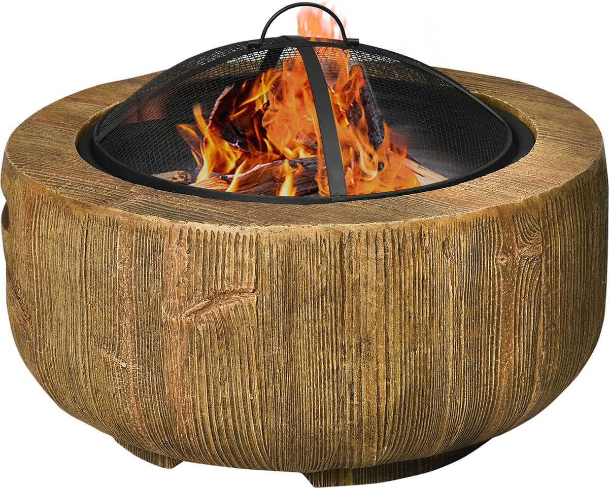 Outsunny Focolare in Design a Ceppo d'Albero, Coperchio a Griglia, Griglia per la Carbonella, Gancio per il Fuoco, Ø61,5 x 39 cm