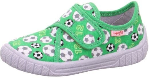 Hausschuh SUPERFIT "BILL, WMS: mittel", Jungen, Gr. 24, Baumwolle, grün (grün, kombiniert), Textil, Schuhe Hausschuh, Kinderschuh mit Klettverschluss, Grössenschablone zum Download grün, kombiniert 24, Baumwolle