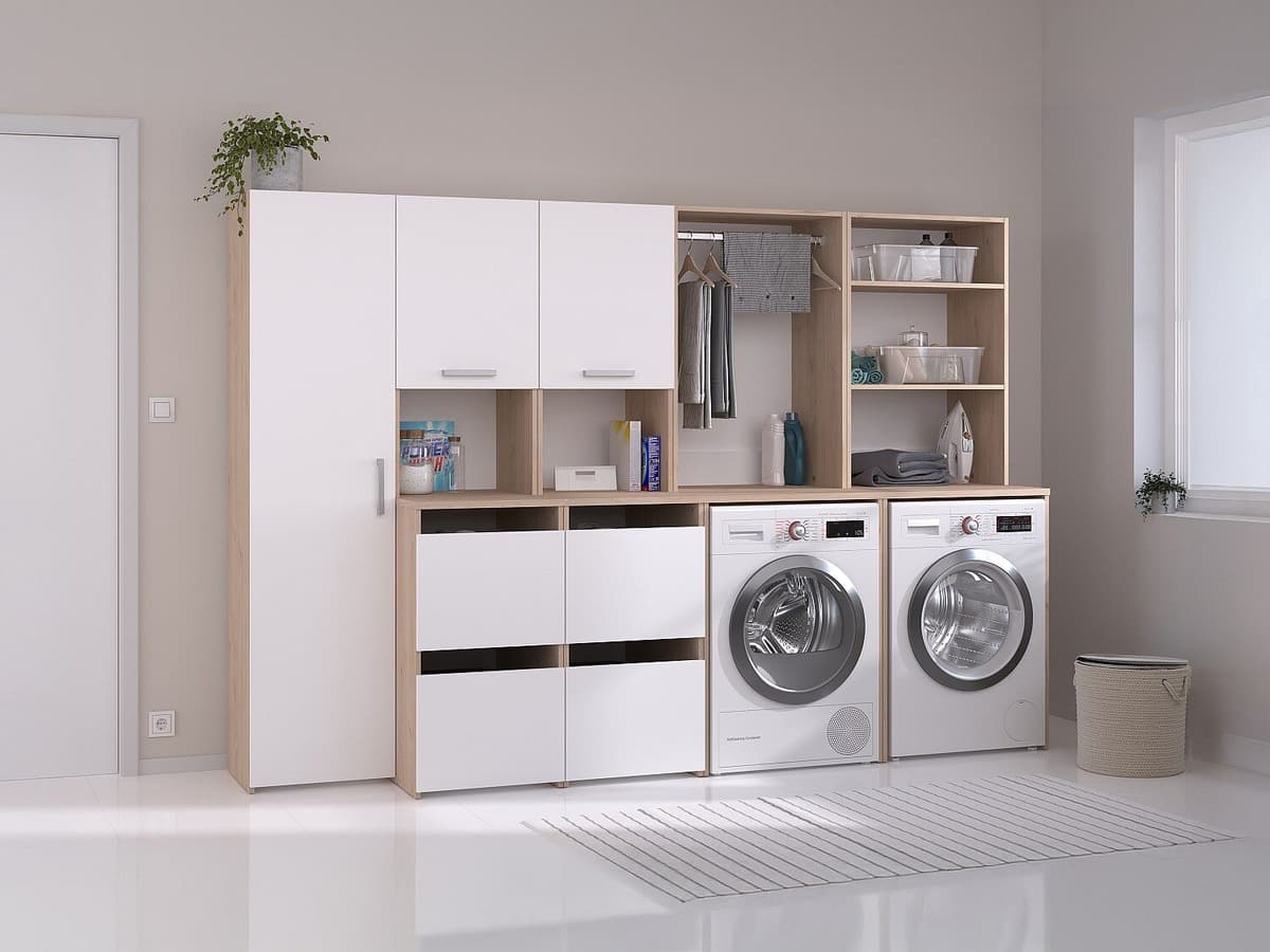 Vente-unique Meubel voor 2 was/droogmachines met legplanken, hangkast, opbergvak en kolomkast - Lichte houtlook en wit - L269 x H184 cm - ERKANO