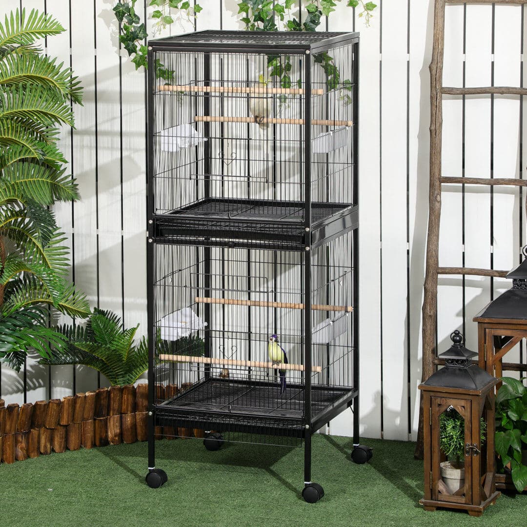 PawHut 2 In 1 Large Bird Cage Aviary with Wheels Slide-out Trays Wood Perches Black 140cm H X 51.5cm W X 50cm D