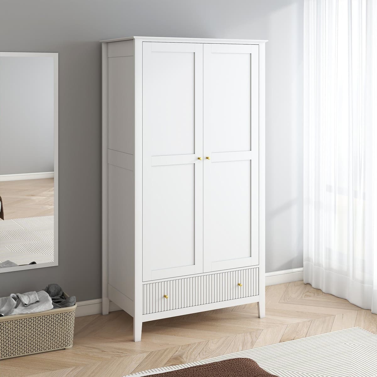 Double Wardrobe, Dressing Table, Stool & Pair of 3 Drawer Bedside Tables - Hales White Range Coated MDF, Metal