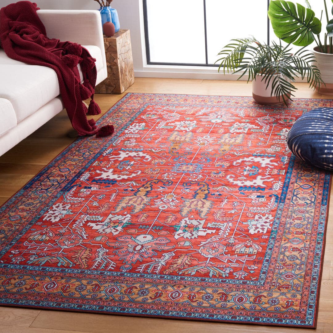 Astoria Grand Tucson Vintage Look Machine Washable Non-Slip Area Rug in Red Multi Red;Blue Rectangle 122 x 183 cm