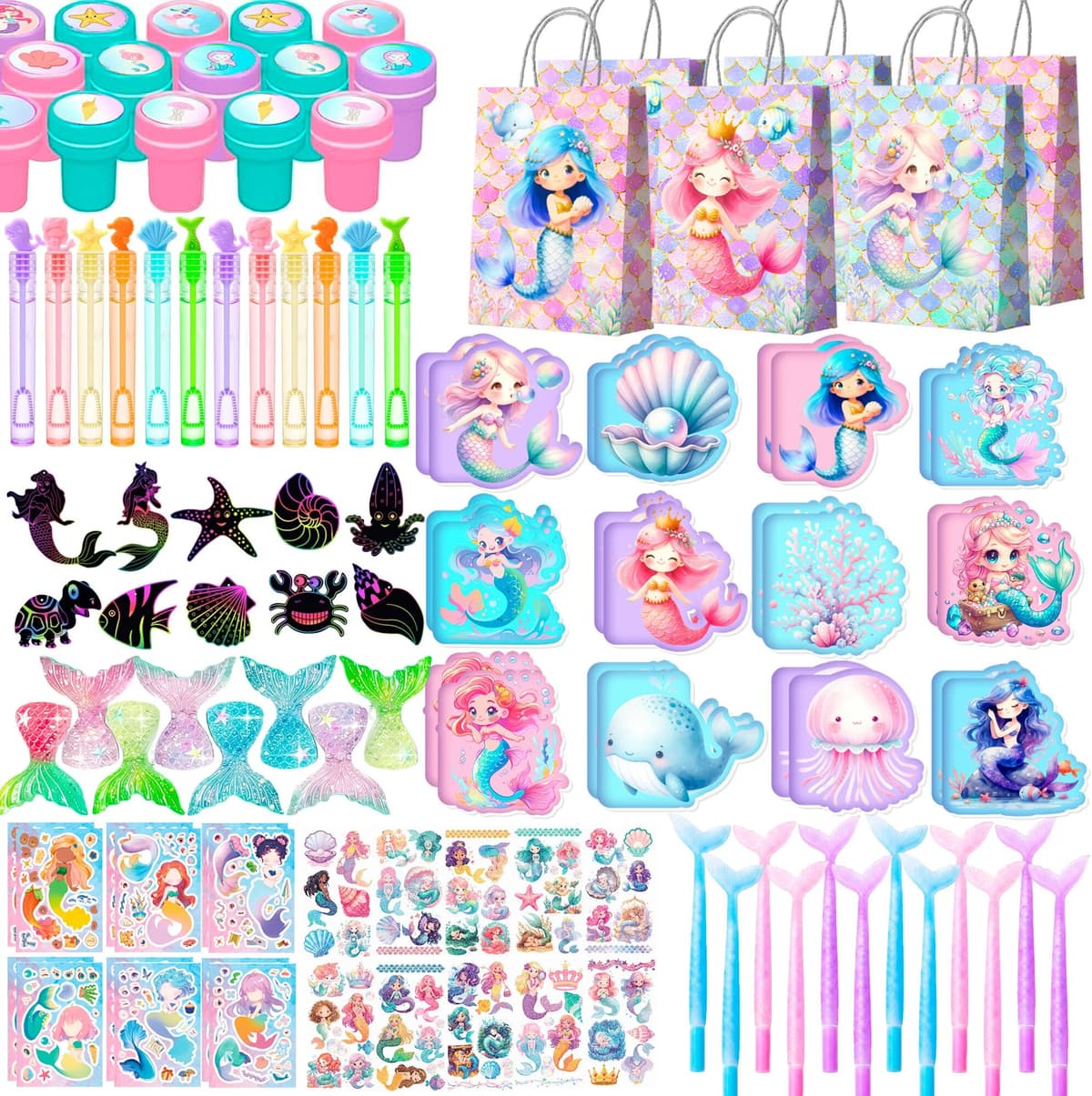 NONE 108 Pcs Mermaid Birthday Party Favors Bags Fillers - Mermaid Goodie Bags Scratch Painting Bubbles Mini Notebooks Temporary Tattoo & Make Your Own Mermaid Sticker etc Mermaid Party Decorations Supplies
