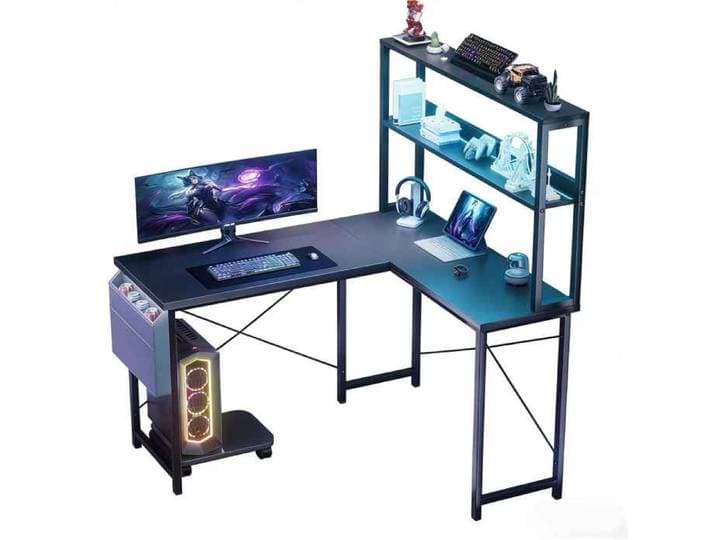 Table d'Ordinateur en L avec LED RGB Connectées et 2 Étagères - Bureau d'Angle Gaming avec Support PC et Pochette de Rangement noir