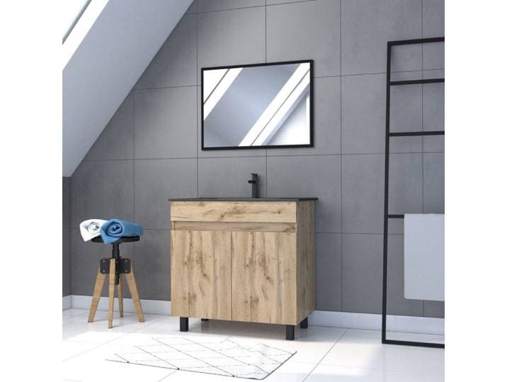 Meuble salle de bain 80x80 cm - Finition chene naturel + vasque noire + miroir - TIMBER 80 - Pack05