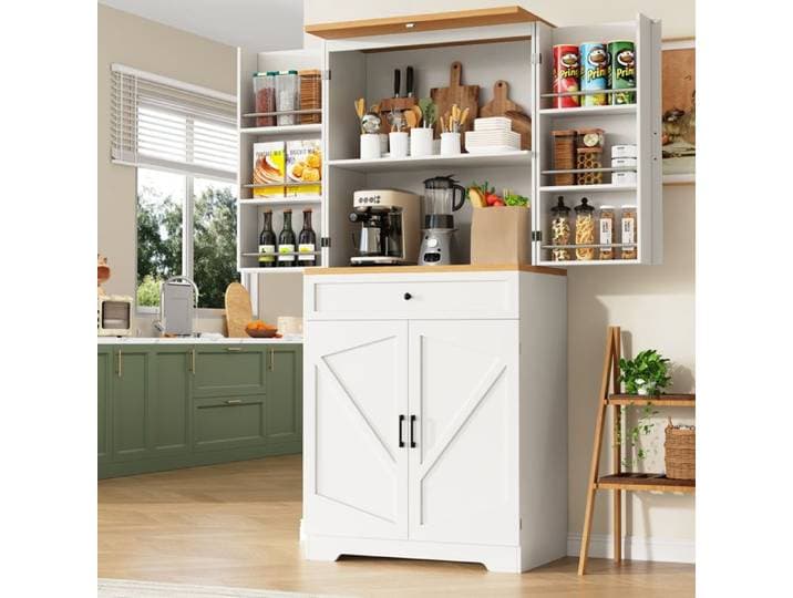 MEUVYX Buffet de cuisine haut avec 4 portes 1 tiroir et étagères ouvertes MDF blanc aspect bois 80 × 40 × 180 cm