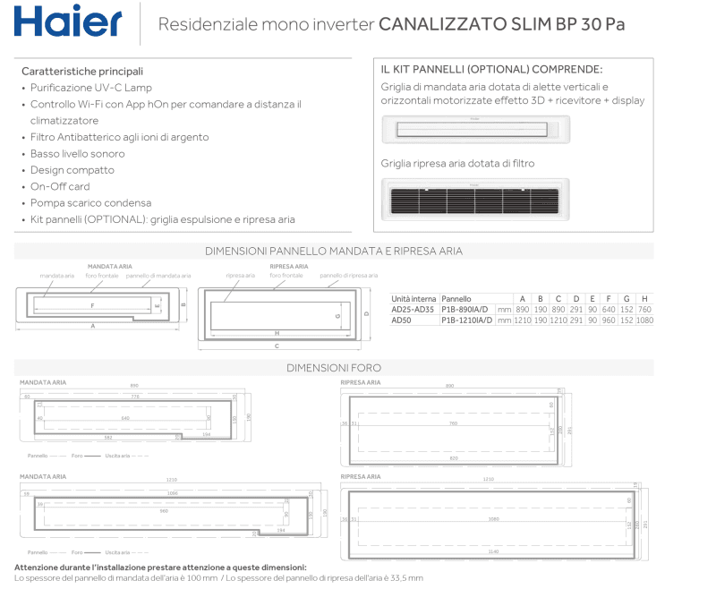 HAIER Climatizzatore Canalizzabile Slim Bassa Prevalenza Trial Split 12000+12000+12000 Btu Inverter R32 A++ 4u85s2sr5fa