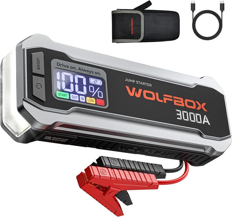 WOLFBOX 3000 A 12 V auto-batterij-startpakket met 65 W sneloplader, LED-display en draagbare 59,2 Wh startbatterij voor benzine- en dieselmotoren