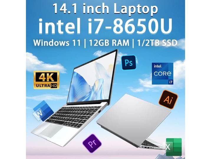 Ordinateur portable Intel Core i7 8650U Windows 11 Pro 12 Go DDR4 1 To 512 Go 2 To SSD Ordinateurs portables de jeu 14,1 pouces Ordinateur portable PC Gamer Bureau 1920*1080 HD