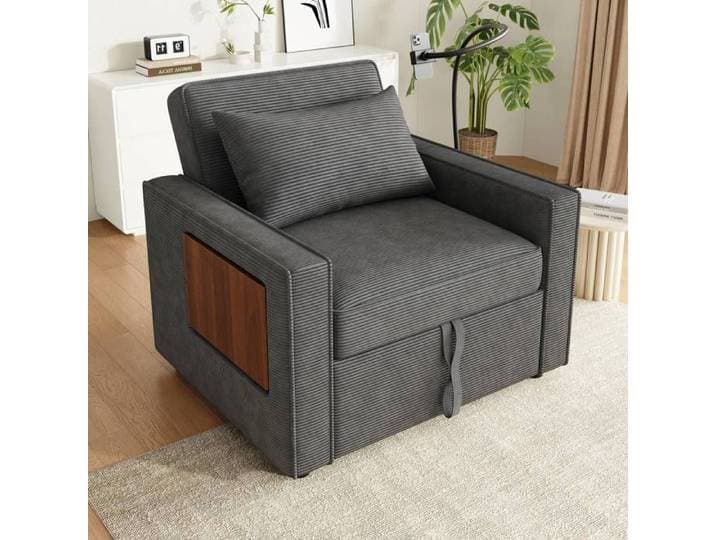 Canapé-lit 1 place convertible gain de place port usb support téléphone tissu corde gris