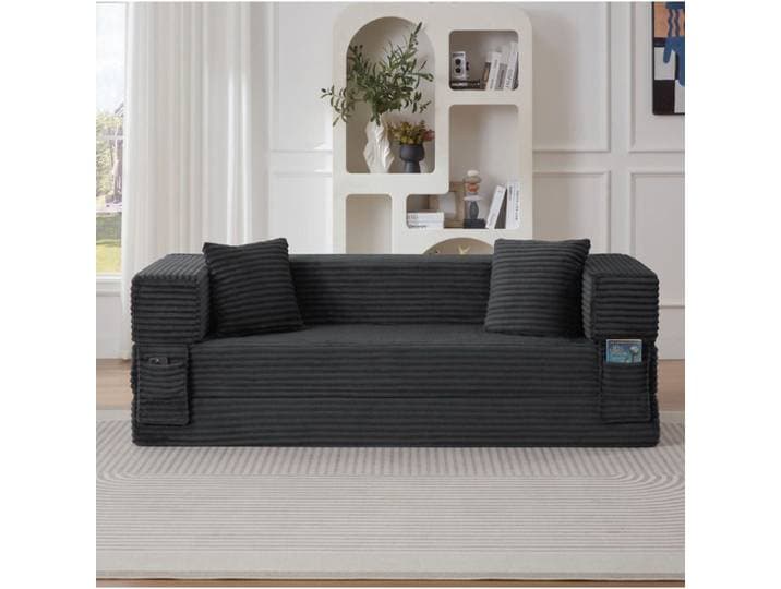 Canape Convertible 3 Places Gris Fonce Sofa Droit Moderne FloraGrace Pour Salon Et Appartement Mousse Haute Densite 200x76x60cm