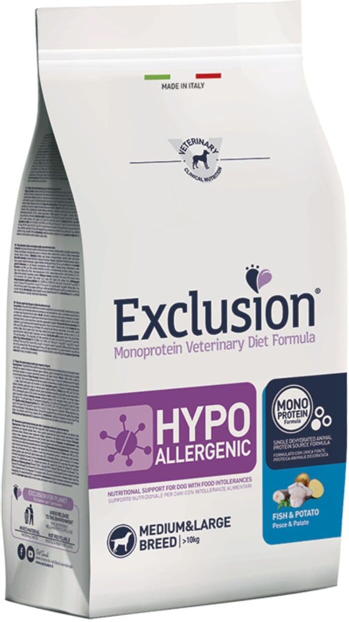 Exclusion Diet Hypoallergenic MEDIUM LARGE Pesce e Patate per Cani 12 Kg
